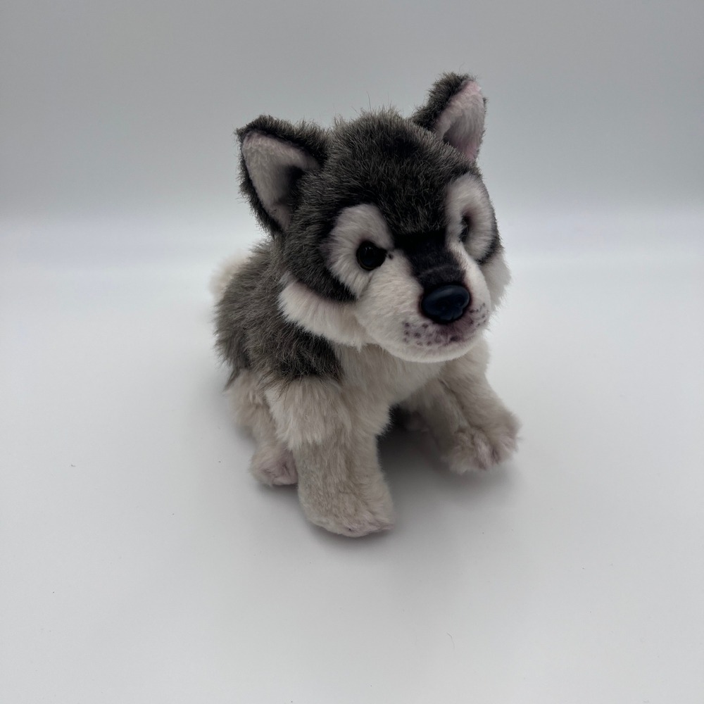 Realistic Grey White Wolf Pup Plush Stuffed Animal Seated Wildlife Toy 7 inch